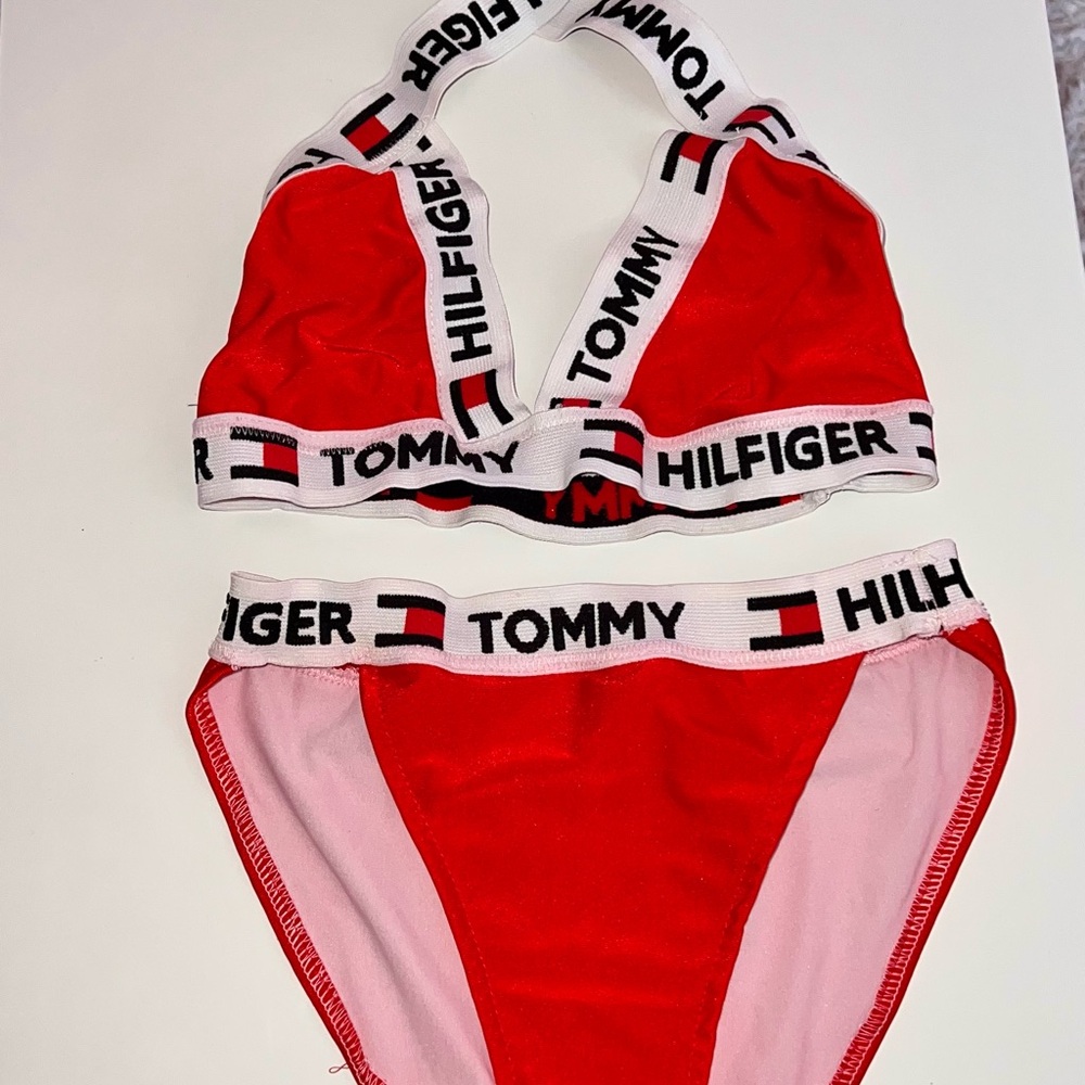 Tommy Hilfiger Red and White Logo Strap Bikini Set For Sale!